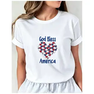 Women’s “God Bless America” T-shirt — retro U.S. map graphic tee with heart motif, casual crew neck short sleeves, suitable for the Fourth of July, patriotic apparel, machine washable for year-round wear, Independence Day