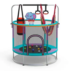 【Live】Seagull 55" Kids Trampoline with Safety Enclosure & Swing Set - 440lbs Heavy-Duty Indoor/Outdoor Toddler Jumping Center, Adjustable Gymnastics Bar + 3-in-1 Toy Bundle (Ages 1-8), Ideal Birthday Gift for Boys & Girls Vibrant Basketball outside