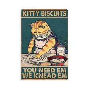Vintage Metal Tin Sign "Kitty Biscuits We Knead Em You Need Em" Funny Sarcastic Party Wall Art Decor Retro Baking Aluminum Sign for Home Kitchen Signs Rustic Design Christmas Gift