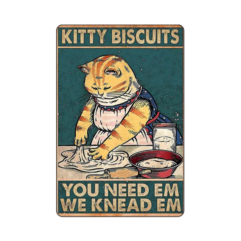 Vintage Aluminum Kitty Biscuit Sign - Classic Halloween Themed, Rustic Design, Collectible Tin Home Sign Look, Nail-In & Command Strips Compatible, Easy DIY Wall Setup, Cozy Charm, Sarcastic Kitchen/Bars Art, Indoor Outdoor Use, Anniversary Gift