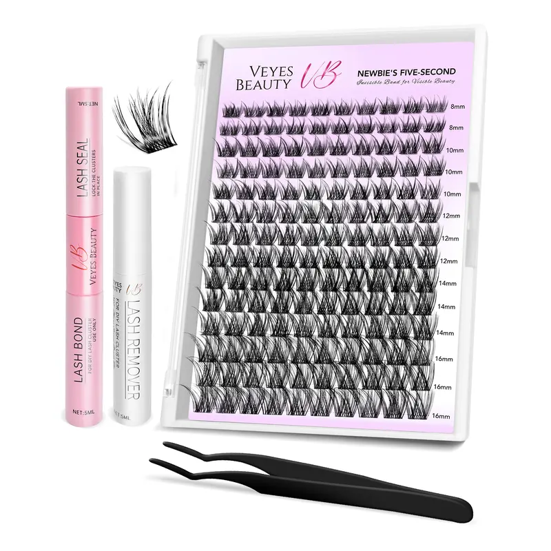 VEYESBEAUTY LuxeBold Cluster Lashes Eyelashes Cluster Individual Lash Extensions with Bond & Seal Tweezer Dramatic Volume Eyelash Wispy Faux Mink Lash Mixed Length DIY Large Tray for Self Makeup Cosmetic Application at Home