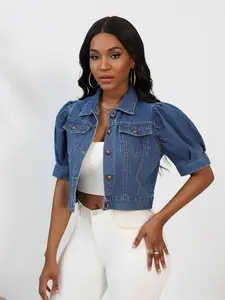 Womens Casual Short Sleeve Jean Jacket Comfy Cropped Denim Coat Puff Sleeve Outerwear Top for Summer Daily Wear Shopping Travel and Thoughtful Anniversary Gift