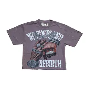 T1466 - Wonderland Rebirth Slashed Shoulder with Rhinestones Cropped Top T-Shirt