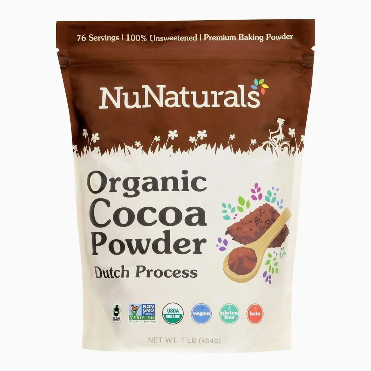 NuNaturals Unsweetened Organic Fairtrade Certified Cocoa Powder, Premium Dutch-Process For Drinking and Baking, 1 lb