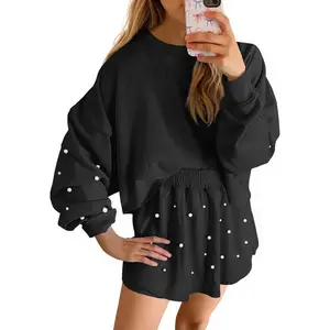 Womens Lounge Sets 2 Piece Outfits Decor Pearl Long Sleeve Sweatshirt Skort Skirt Tracksuits Shorts Sets