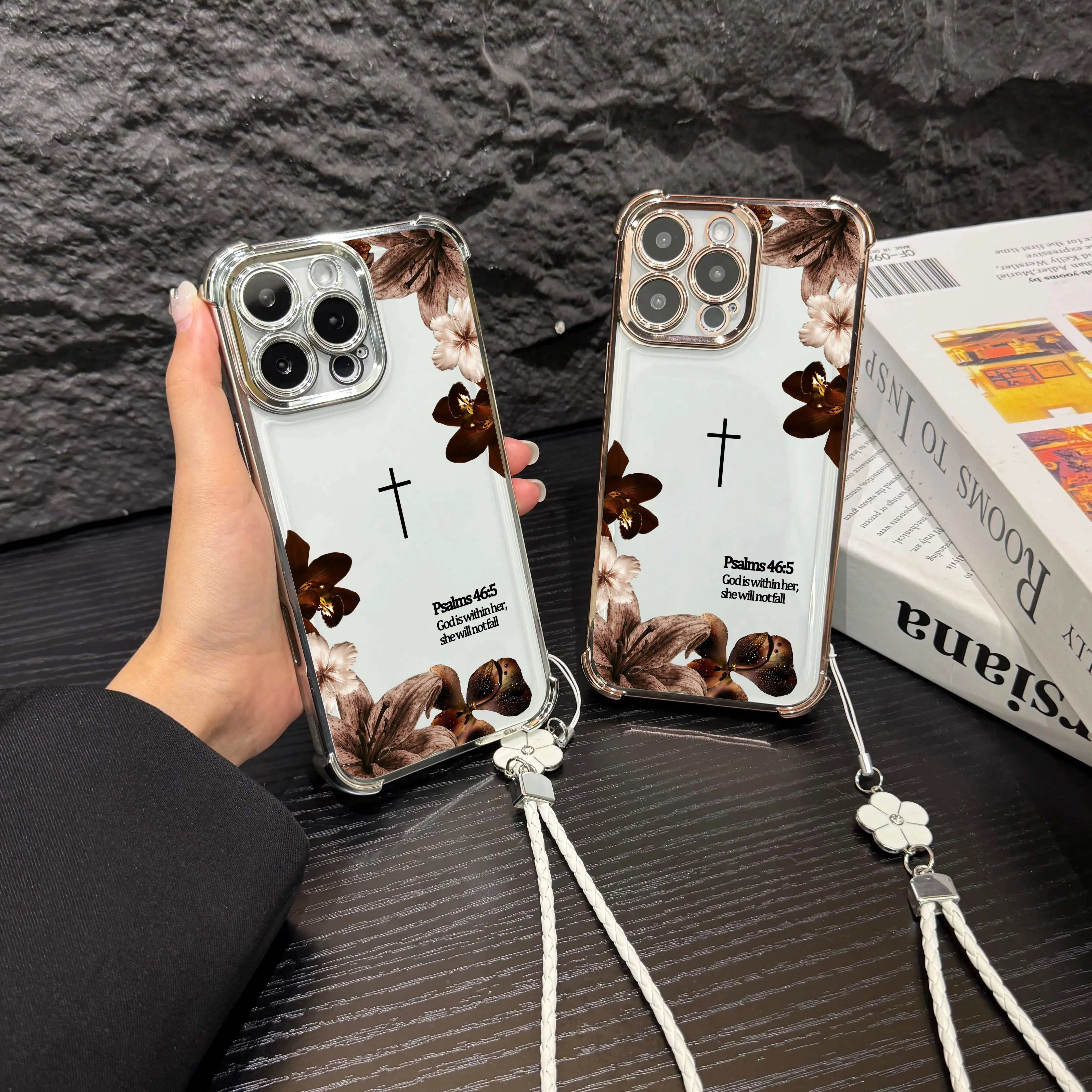 Psalms 46:5 Floral Cross Aesthetic Protective Case with Luxury Wrist Strap for iPhone & Samsung 952