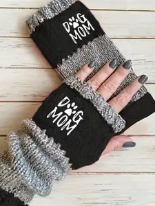 Women's Vintage Mom Claw Print Embroidery Fingerless Gloves, Elastic Wrist Warmer, Soft Stretch Arm Sleeve, Winter Casual Pet Lover Gift