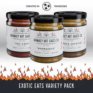 Exotic Eats Gourmet Hot Sauce Variety Pack by Harmacy Hot Sauce Co. - 3 9oz Jars, Vegan, Gluten & Nut Free, Avamasala, Buffalo Soldier, Chi-Chee