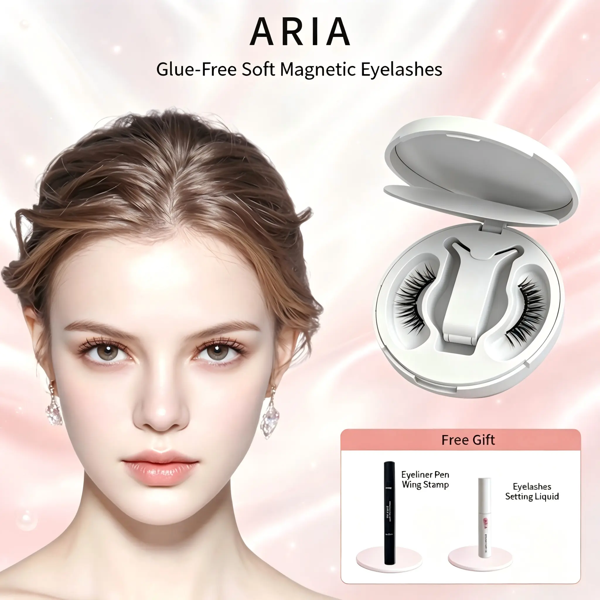 ARIA Glue-Free Soft Magnetic Eyelashes Set, Reusable Magnetic False Lashes with One-Click Applicator, No Glue Needed, Lightweight Comfortable Magnetic Strip Lashes, Perfect for Lazy Girls & Makeup Newbies