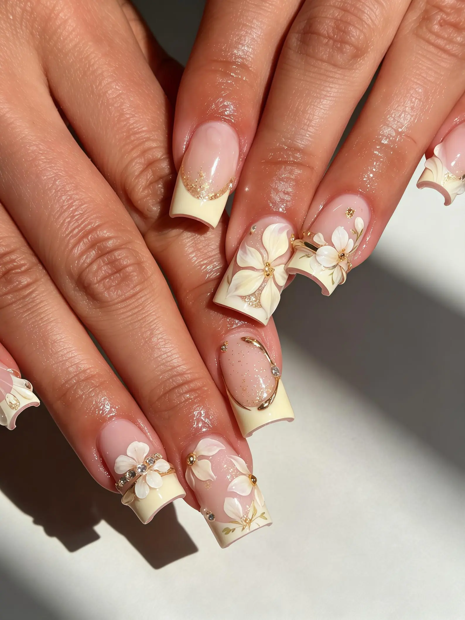 Cream French Press On Nails, 3D Floral Gold Glitter Rhinestone Fake Nails, Handmade Reusable Nail Art