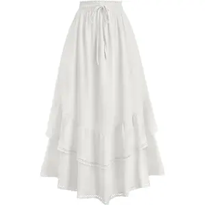 Women Summer Fall High Waist Drawstring Long Skirt Ruffle Layered Medieval Skirts with Pockets