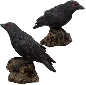 2PCS Resin Fake Crow Raven Statue Black Bird Model Halloween Decor Crow Decor