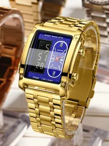 Vintage Dual Display Watch, Square Case with Blue Dial, Roman Numerals, Quartz Movement, 30m Waterproof, LED Night Light, Analogue Quartz Watch, Casual Business Wristwatch, Fashion Square Watch