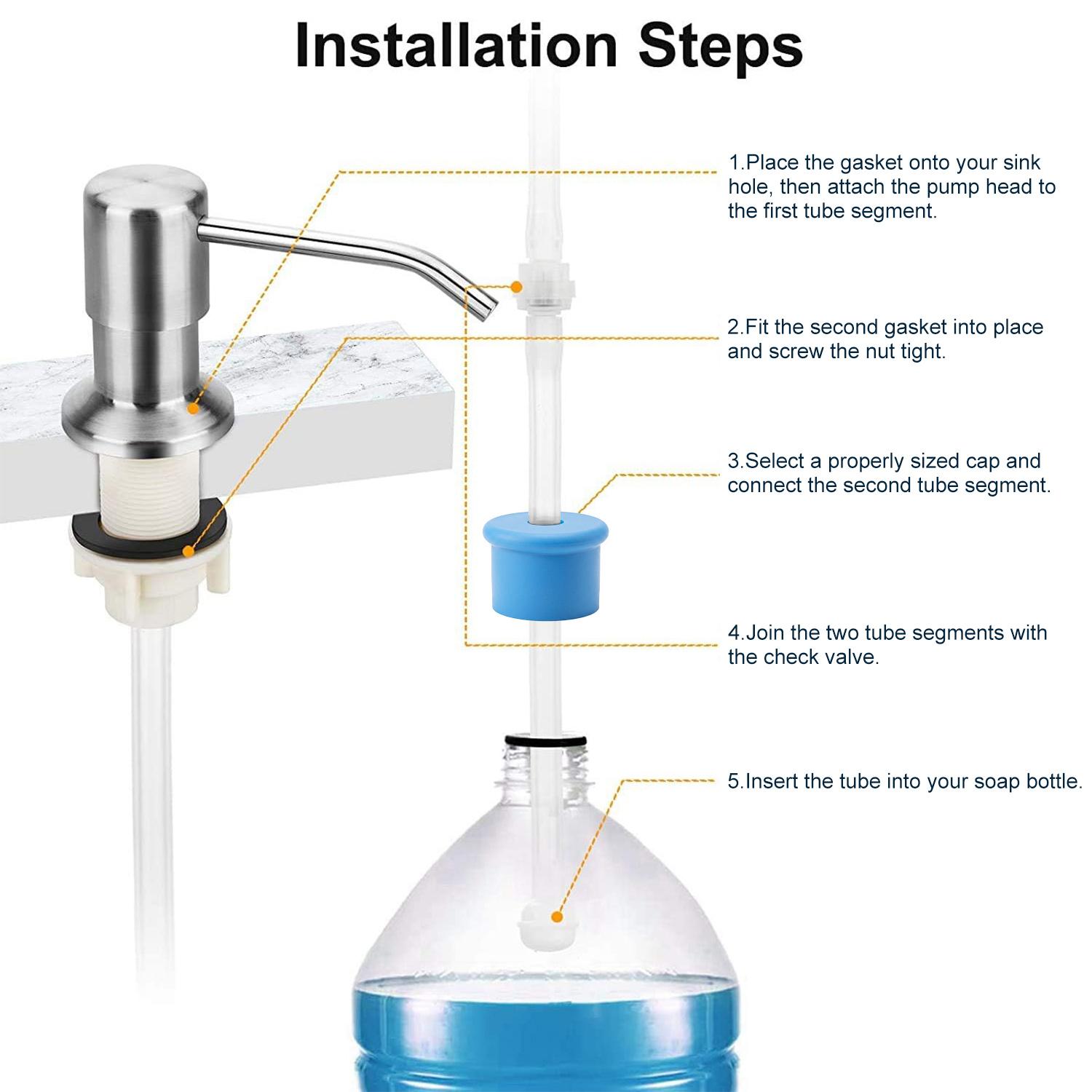 Dish Soap Dispenser for Kitchen Sink (Brushed Nickel), Countertop Sink Soap Dispenser Water Pump with 47” No-Spill Extension Tube Kit Design for Kitchen Bathroom, No More Refills, Kitchen Sink Accessories