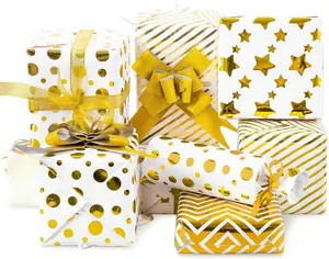 Whaline Gold Star Stripe Wrapping Paper, 8 Sheet Gold White Gift Wrapping Paper with 10 Pull Bows & 24 Yard Glitter Ribbon Xmas Assorted Gold Foil Decorative Art Paper for Birthday Holiday Party