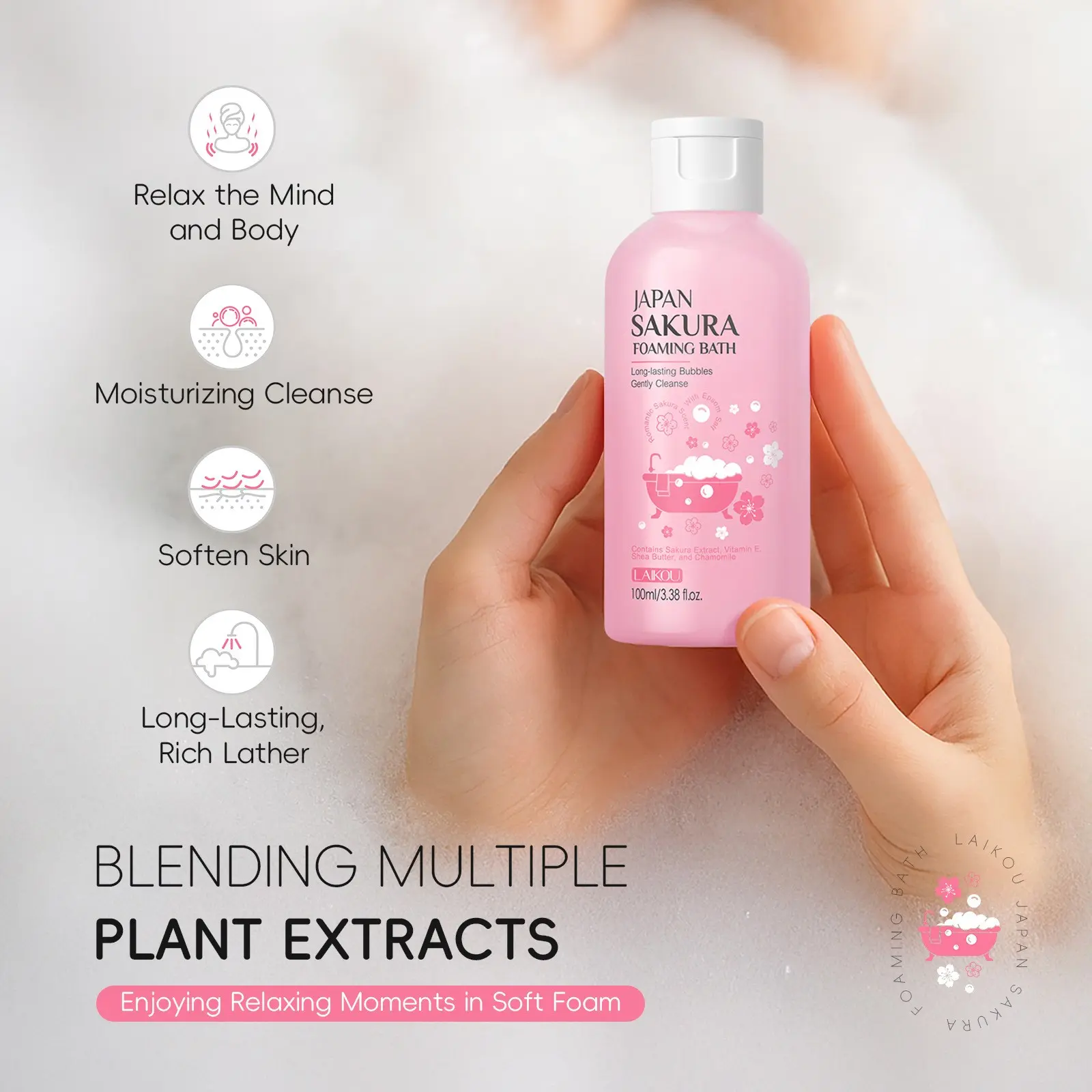 Sakura Bubble Foaming Bath 100ml  Long-lasting Bubbles Gently Cleanse Japanese Cherry Blossom Body Care Foam  Relaxing Bath Milk for Soft Skin  Self Care Spa Night Essential Lightweight Silky Texture Moisturizing Body Wash