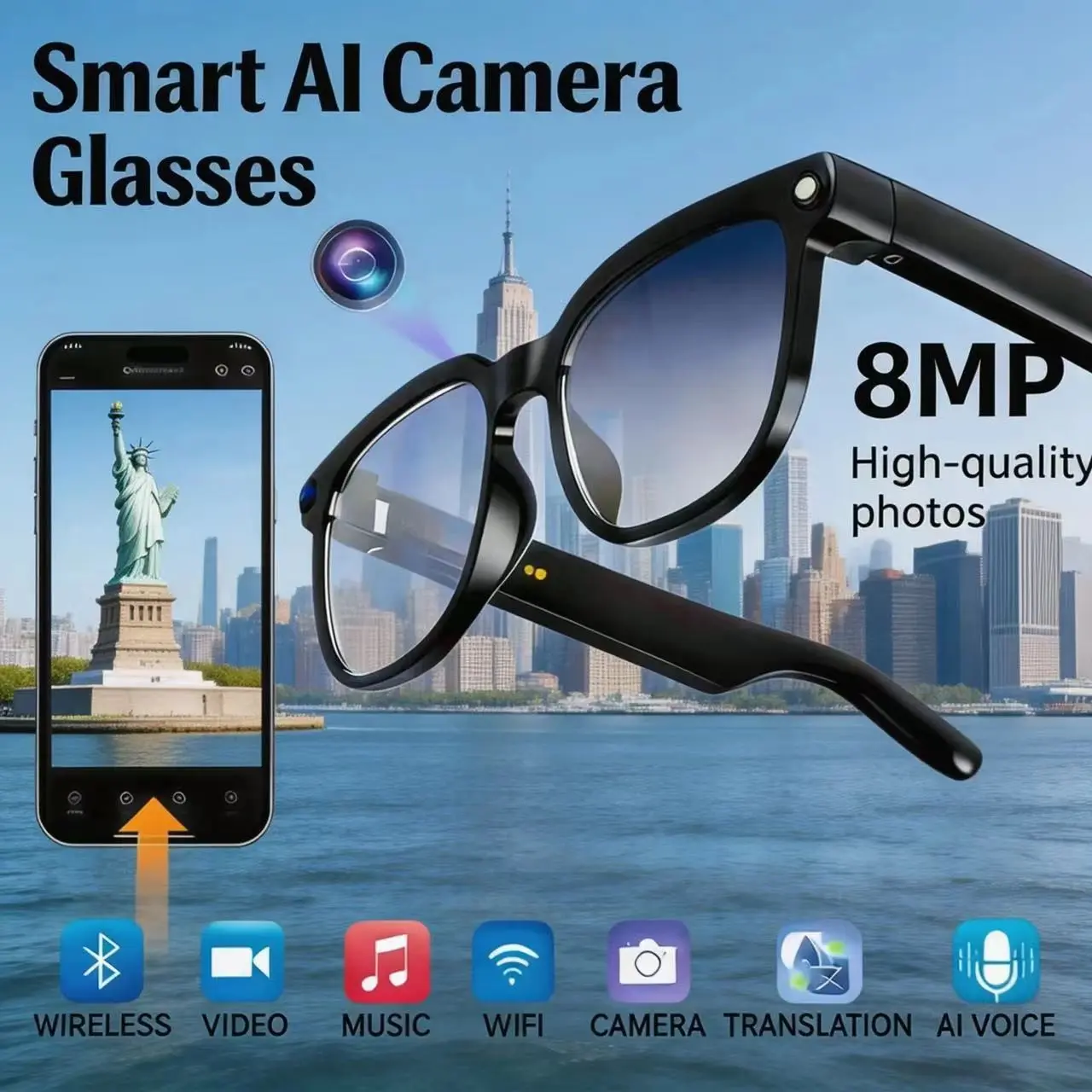 Smart Ai Camera Glasses, 8mp Color-Changing Lens, Touch Control, Travel & Outdoor Use, Real-Time Translation, Bluetooth-compatible, Wireless, UV Protection, Multifunctional Smart Glasses