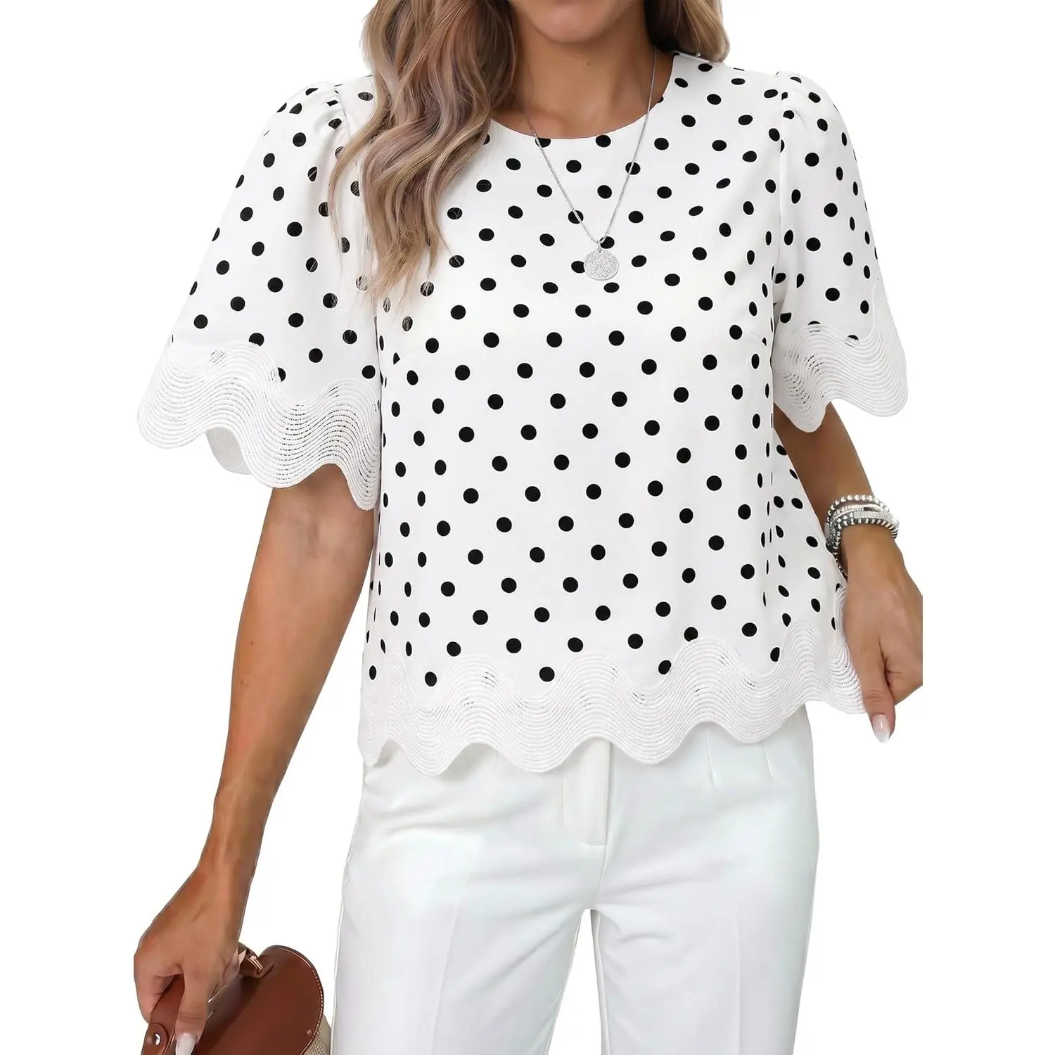 Tankaneo Women's Polyester Short-Sleeve Crop Blouse - Breathable Crewneck, Scalloped Ruffled, Loose-Fit Crop Top for Summer Everyday Casual Wear, Pair with High Waisted Denim Skirts & Trousers, Patchwork Design