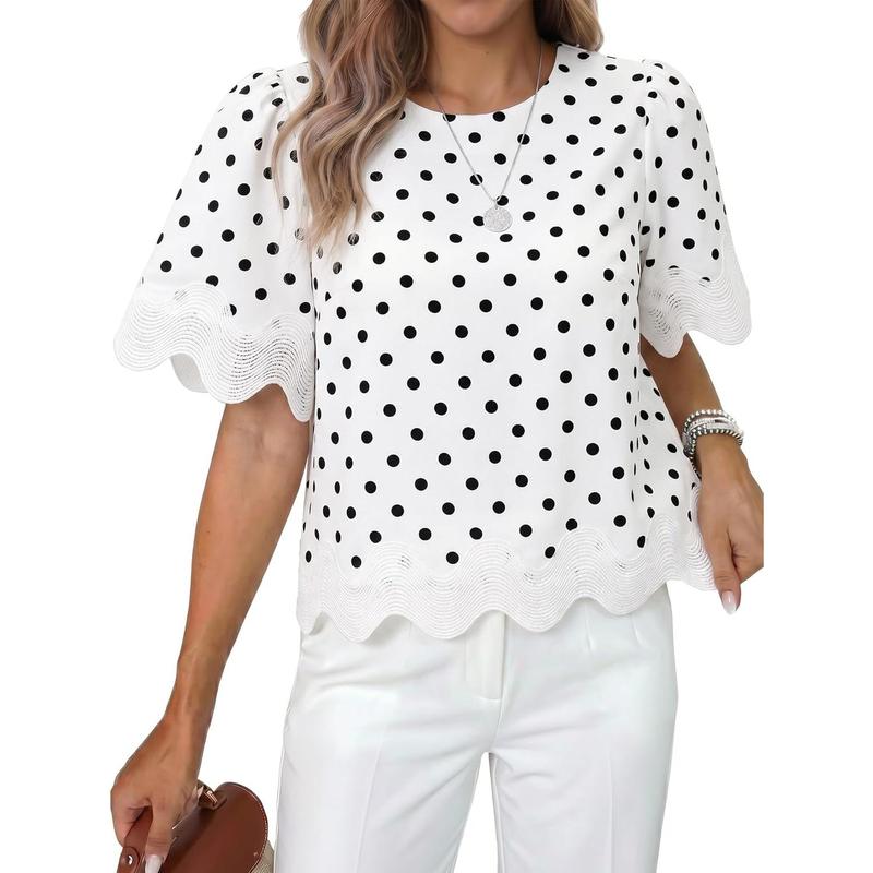 Tankaneo Women's Polyester Soft Short-Sleeve Crop Blouse - Breathable Crewneck, Scalloped Frill, Loose-Fit, Patchwork Tops for Women, Beach & Everyday Casual Use, Easy Pairing with High-Waisted Denim