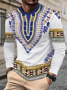 Men's Tribal Print Long Sleeve T-Shirt, Casual Round Neck Geometric Mosaic Top, Random Tribe Pattern, Fall Winter Outdoor Wear, Fitted