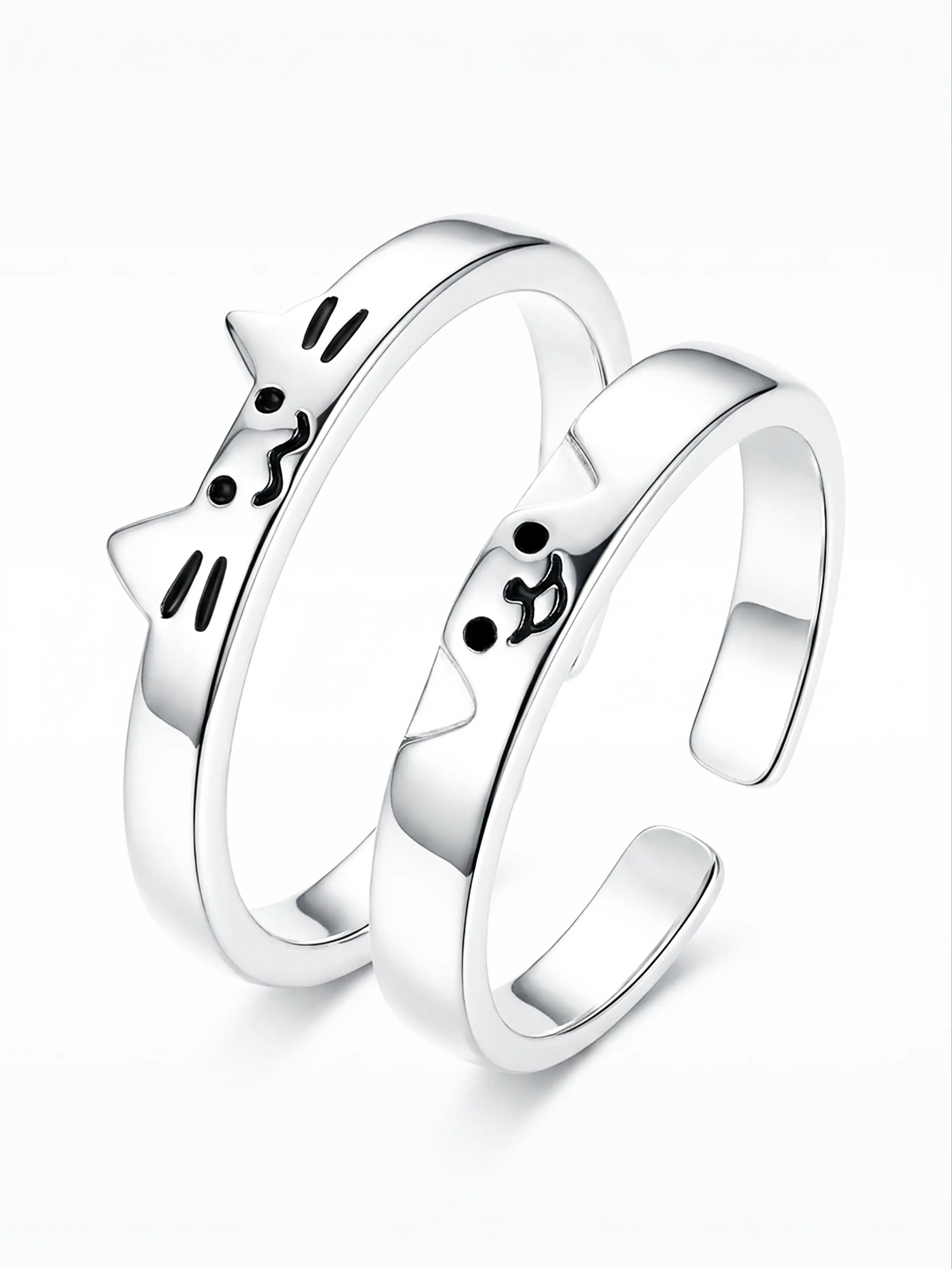 2 Pcs Cute Cat Dog Pattern Stainless Steel Rings, Adjustable Open Design, Perfect Gift for Couples, Wedding Party, Valentine's Day, All Seasons