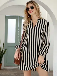 Striped Belted Womenswear Casual Swing Dress with Notched Neckline, Festive Style, Casual, Perfect for Holidays and Leisure Wear