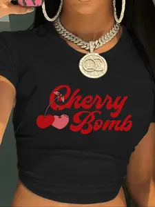 Women's Letter Graphic Round Neck Crop Tee, Casual Streetwear Cherry Print Short Sleeve T-Shirt for Summer, Ladies Clothes for Daily Wear