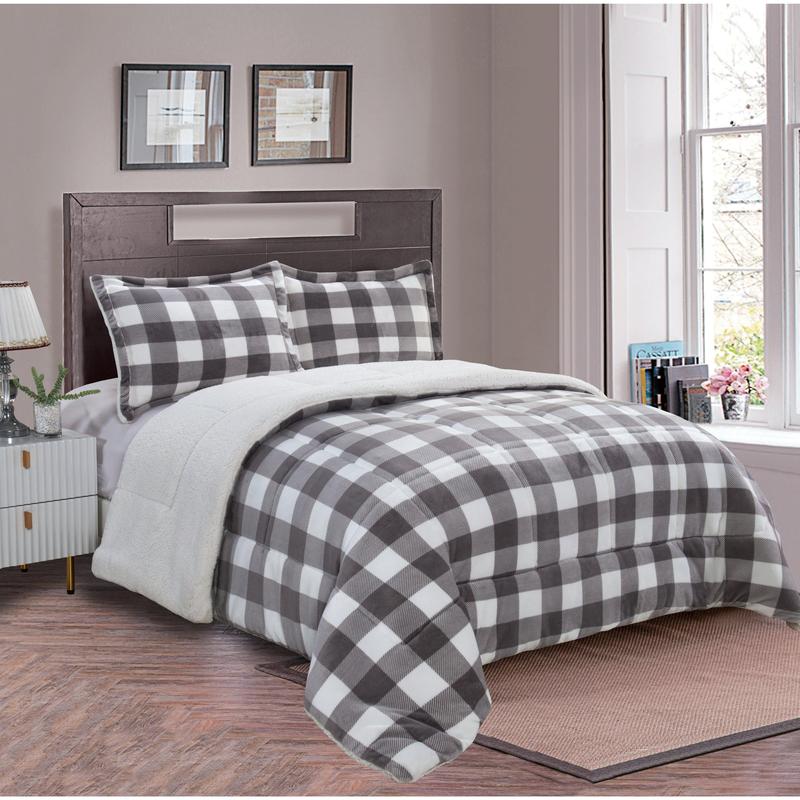Elegant Comfort 3-Piece Buffalo Micro-Suede Reversible Sherpa - Lodge-Plaid Pattern Comforter Set