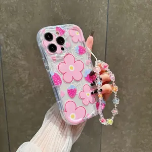 Sweet Strawberry Flower Phone Case for Apple iPhone 14 Pro Max 13 12 11 Pro Max XR XS Max Soft Wave Edge Anti-Drop Fashion Lanyard