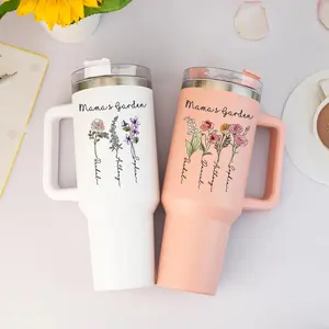 Personalized Birth Flower Mama Tumbler with Kids Names, Custom 40oz Cup with Handle, Floral Garden Mother’s Day Gift, Insulated Travel Mug for Mom, New Mom Gift.