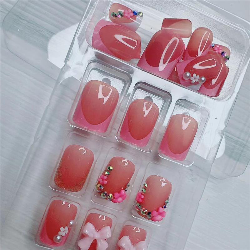 24pcs French Tip Press-On Nails - Short, Charms, Bow, Flower Design, Pink, Cute, Square Shape, Acrylic, Rhinestones