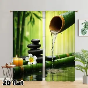 2D Flat 2Pcs Zen Spa Bamboo Curtains Tropical Hot Stone Massage Frangipani Flower Water Flow Meditation Theme Curtain Panels Green Nature Inspired Window Treatment Drapes for Bathroom Living Room Bedroom Kitchen Balcony Easy Care Decor