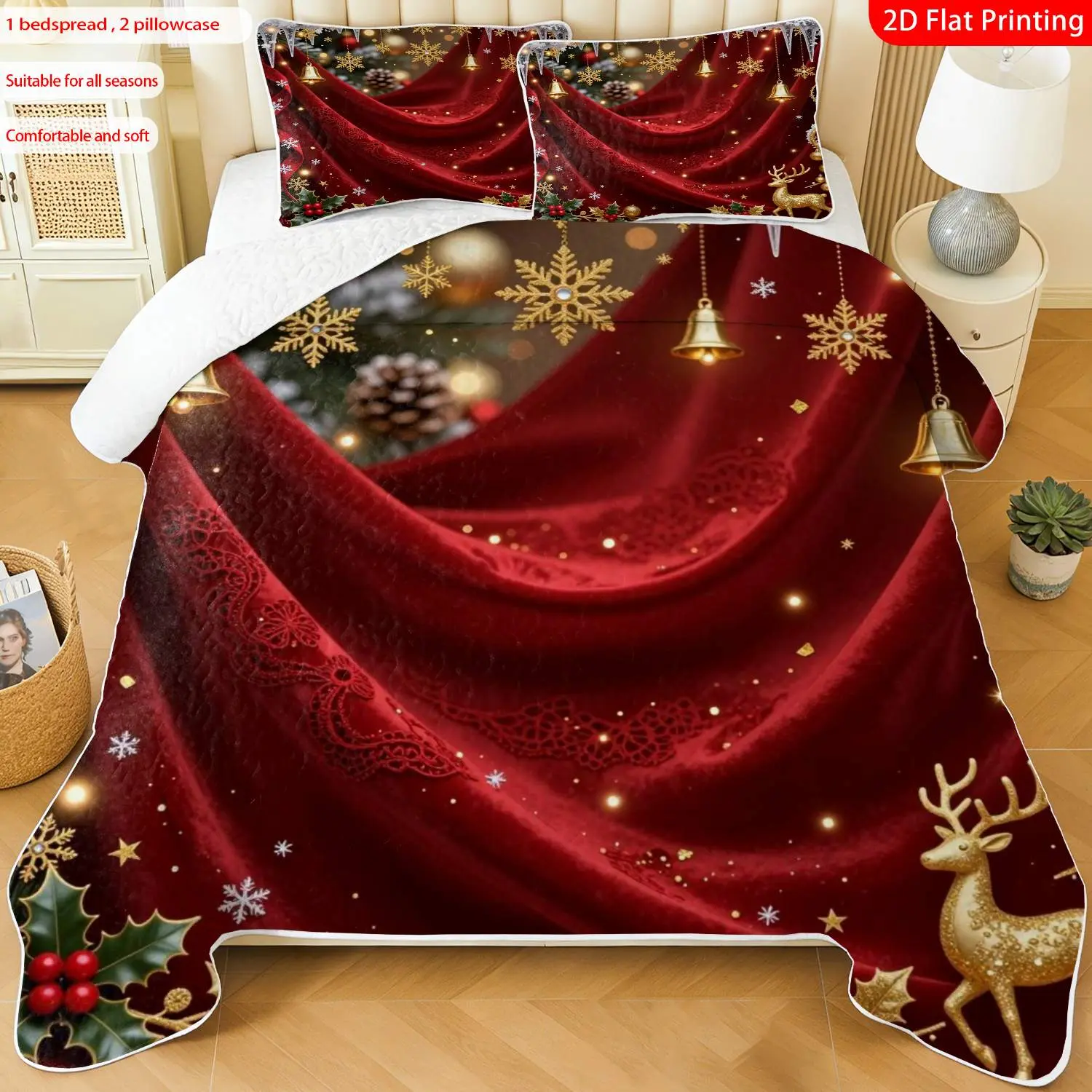 3pcs, 2D flat print Red Velvet Christmas Bedding Set with Gold Snowflake Bell Reindeer Design, multiple sizes available, bedding set, festive decorative bedding, ideal for bedroom décor(1 bedspread , 2 pillowcase)