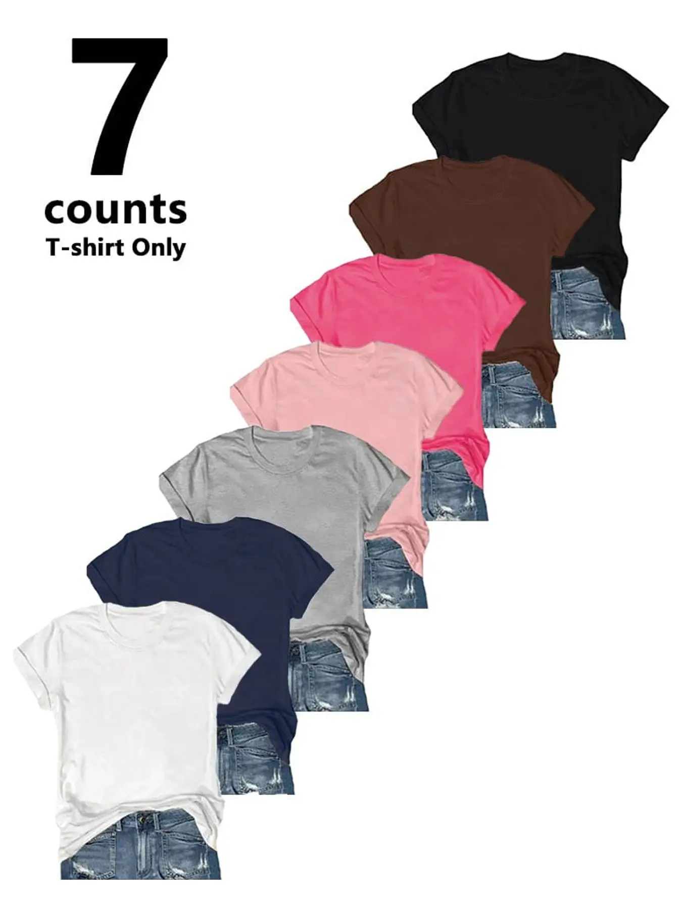 Women's 7-Pack Plain Crewneck Short Sleeve Top, Summer Soft Casual Everyday Basic T-Shirts for Daily Outfit