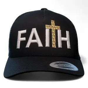HABIBIS ENTERPRISE LLC "Faith" Retro 3D PUFF Christian Trucker Hat, Unisex, Gold Cross Design, Curved Bill, Poly-Cotton & Cotton Fabric, OSFA Fit Snapback Closure Black Cap