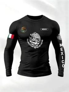 Men's Mexico National Emblem Compression Shirt - Mexican Eagle & Flag Print Black Long Sleeve Workout Rash Guard, Patriotic Athletic Wear with Mexico Accent, Gym Apparel, Breathable Quick-Dry Crew Neck Compression Shirt, Perfect for Gym, Boxing, Gymwear