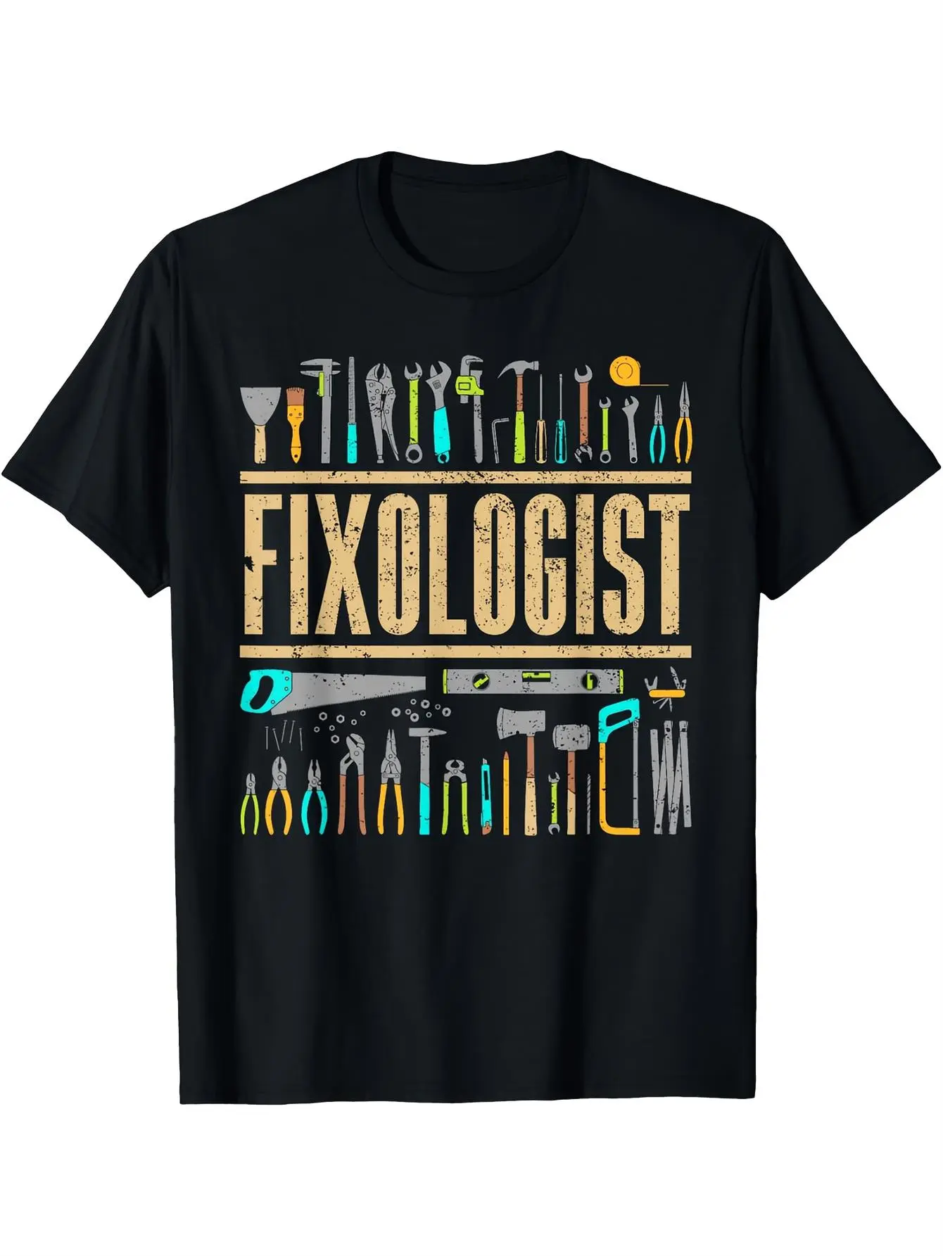 Men's Funny Fixologist Handyman Carpenter DIY Tool-Themed T-Shirt - Black with Yellow Lettering & Colorful Tool Icons (Hammer, Screwdriver, Tape Measure) -  Preshrunk Jersey, Double-Needle Stitched Casual Workwear Tee - Ideal Gift