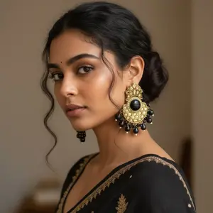 Black Stone Chandbali Earrings Gold Tone Traditional Indian Statement Jewelry for Women