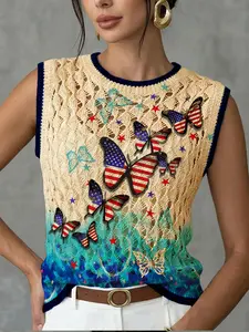 Women's Elegant Watercolor Butterfly Star Striped Independence Day Print Round Neck Short Sweater Vest, Knitted Vest Top, Casual Sleeveless Knit Top Womenswear for Spring Summer Fall