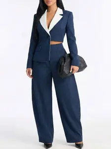 Women's Pinstripe Two-Piece Suit - Contrasting White Lapel & Wide-Leg Pants| Chic Sophisticated Style For Formal Events,Asymmetric Design Fashion Gatherings & Evening Outings (Statement-Making Silhouette) For Polished Glam Looks