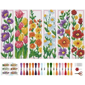 6 Set Floral Bookmark Cross Stitch Kits for Beginners with Instructions Stamped Embroidery Bookmark DIY Crafts for Book Lovers 8''x2.4'' 11CT