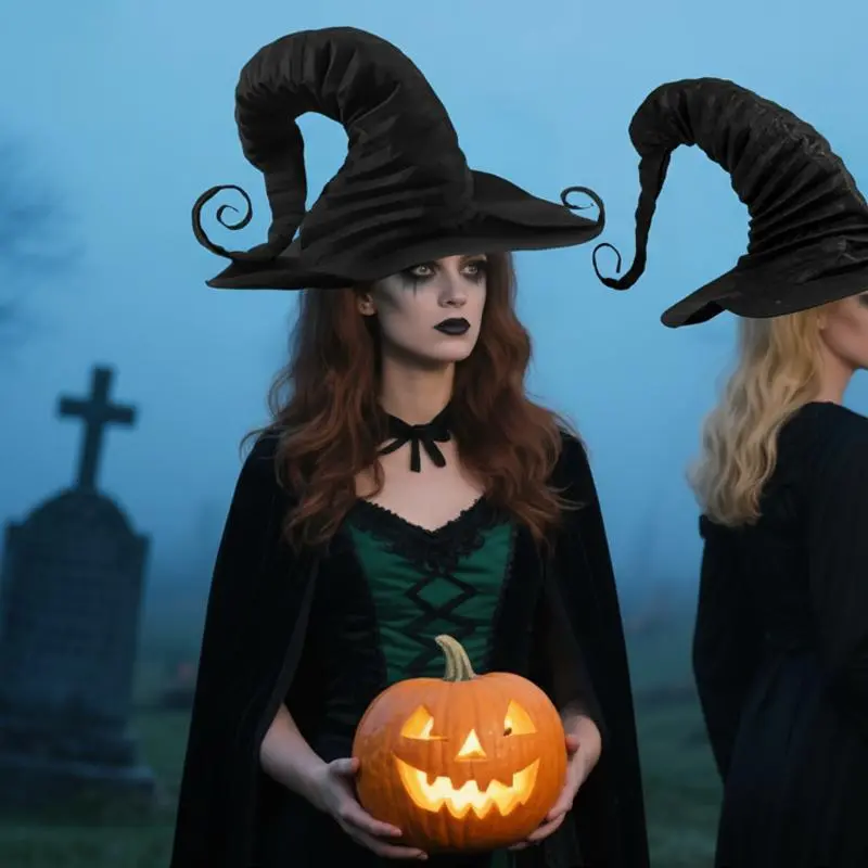 2pcs Halloween Witch Hat Gothic Style Black Large Pleated Witch Hat Premium Fabric Costume Accessory for Halloween Christmas Carnival Thanksgiving New Year's Party Decoration Light Soft Material Comfortable Fit Halloween Gifts Halloween Scene Accessories