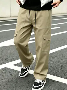 Men's High-End Work Pants, Casual Thin Work Pants, Contrast Stitching, Multiple Pockets, Loose Fit, Drawstring Waist, Summer, Daily Wear, Gift Idea