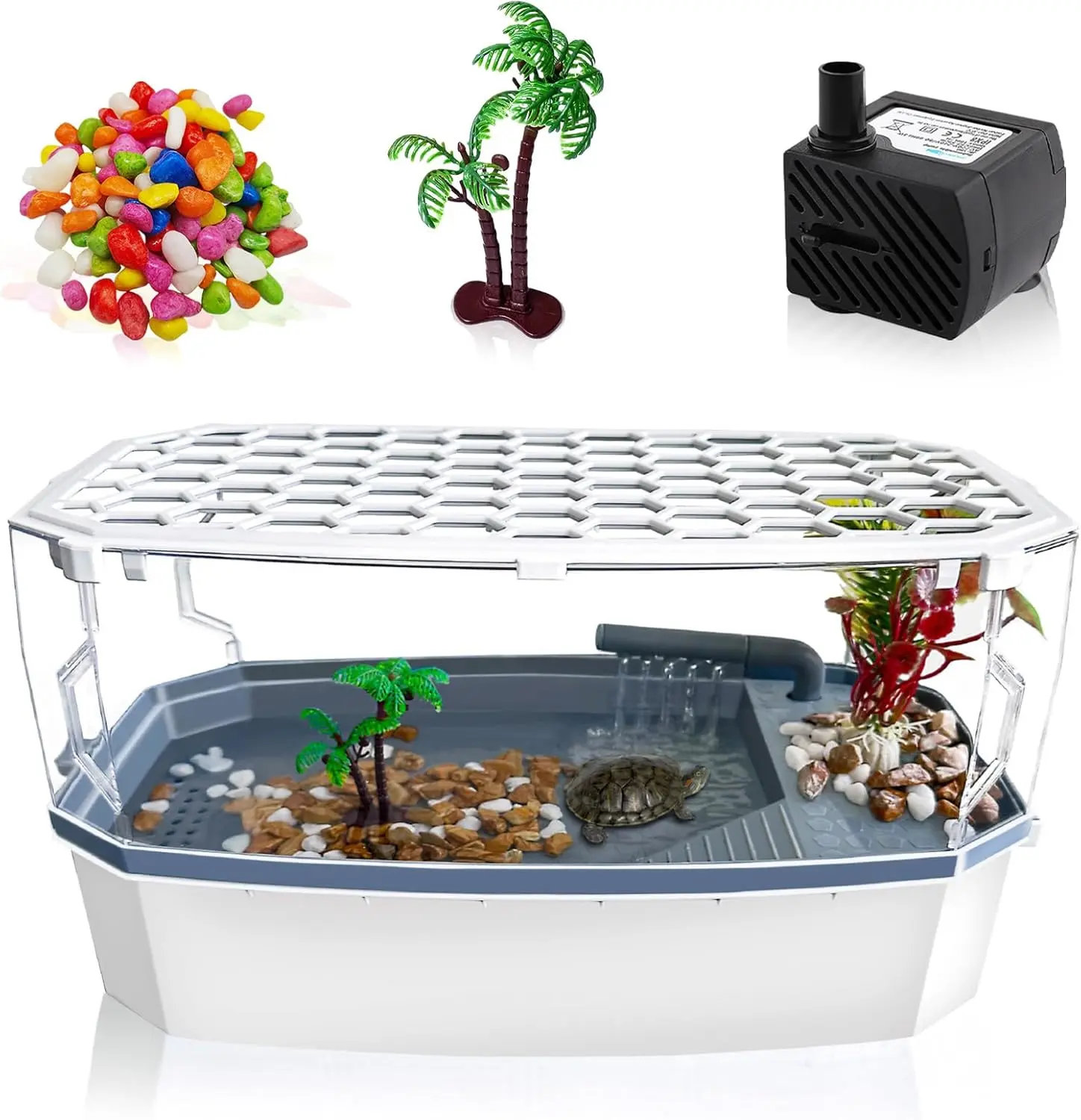 Small Turtle Tank with Lid,  Turtle Aquarium with Water Pump, Full View Visually Reptile Turtle Habitat, Easy to Clean and Change Water, Multi Functional Area, Small, White