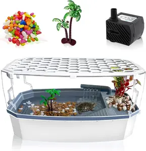 Small Turtle Tank with Lid,  Turtle Aquarium with Water Pump, Full View Visually Reptile Turtle Habitat, Easy to Clean and Change Water, Multi Functional Area, Small, White