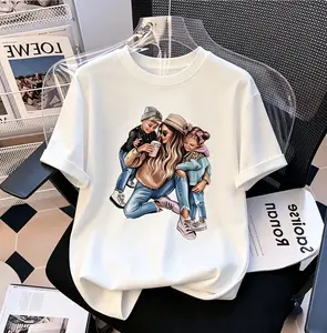 Women's Vintage Graphic Print Short-Sleeve Round Neck T-Shirt - Oversized Soft Cotton Tee, Mom-Kids Family Love Design, Casual Breathable Top, Ideal for Mother's Day Gifts