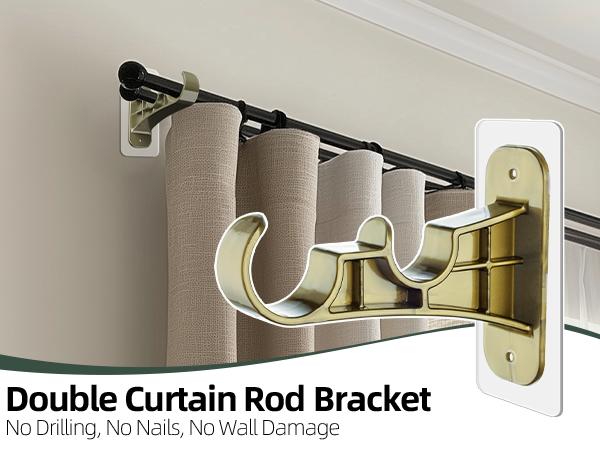 6-Pack No-Drill Double Curtain Rod Brackets, Self-Adhesive Nail-Free Rod Holders, Easy Install Interior Decoration Accessories for Bathroom, Renter-Friendly College Dorm Essentials, Back to School, Curtain Rod Holders