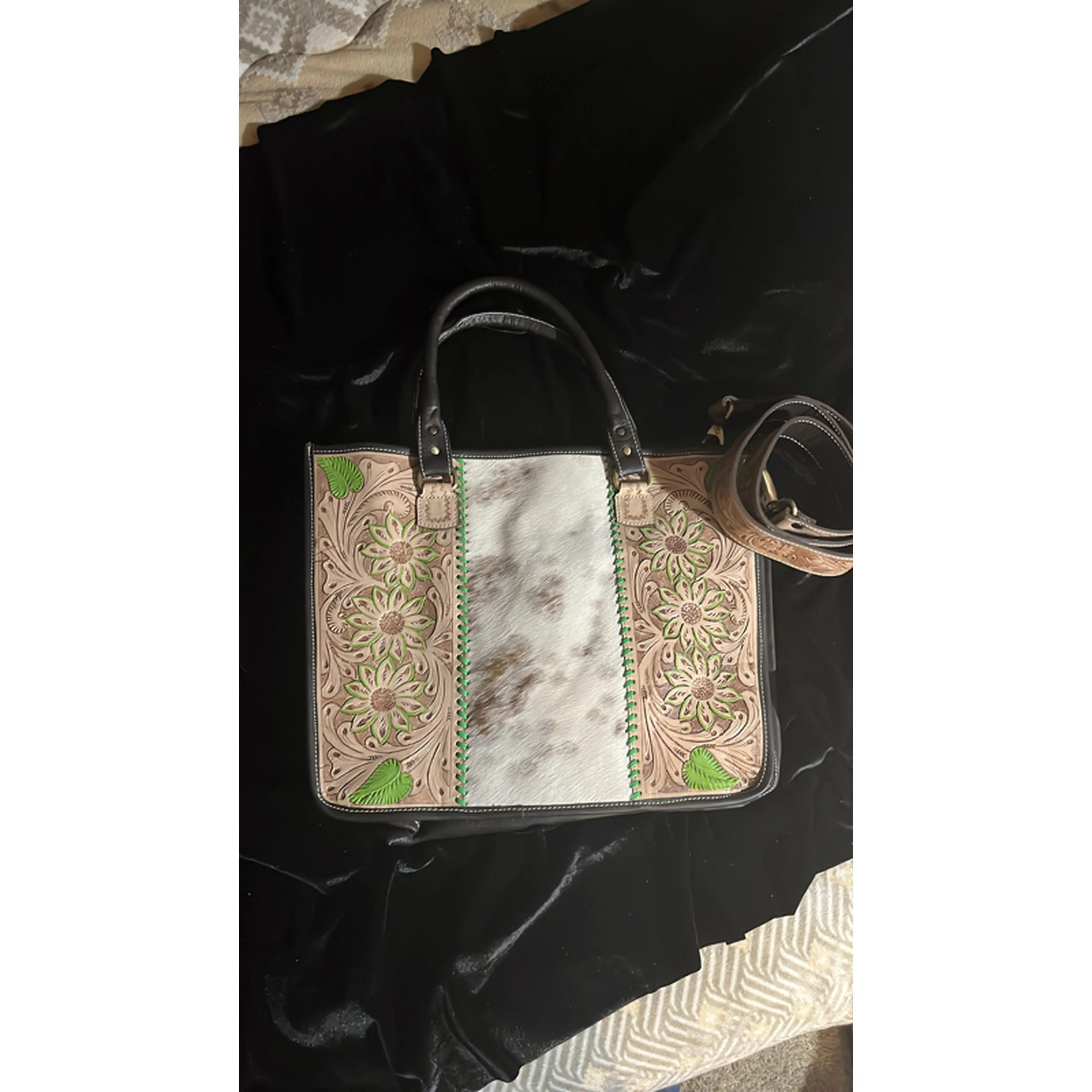 Daisy's Hand Painted Tooling Tote I Bag with Hair on Hide Strip and Daisy's Delicate Tooling