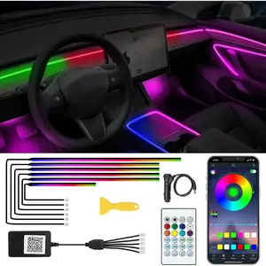 Acrylic Interior Car LED Lights With Remote And Wireless APP 6 In 1, Ambient Lighting Kits Fiber Optic Strip LEDs, 16 Million Colors Music&DIY Function