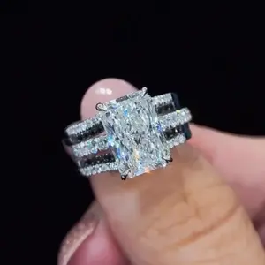 Maxine CZ S925 Sterling Silver 7.0ct Radiant Cut Insert 2PC Engagement Ring Set, White & Black Stone Bridal Ring Set,5A Cubic Zirconia Women's Ring Jewelry,Wedding Ring Set for Daily,Travel,Proposal,Birthday,Anniversary